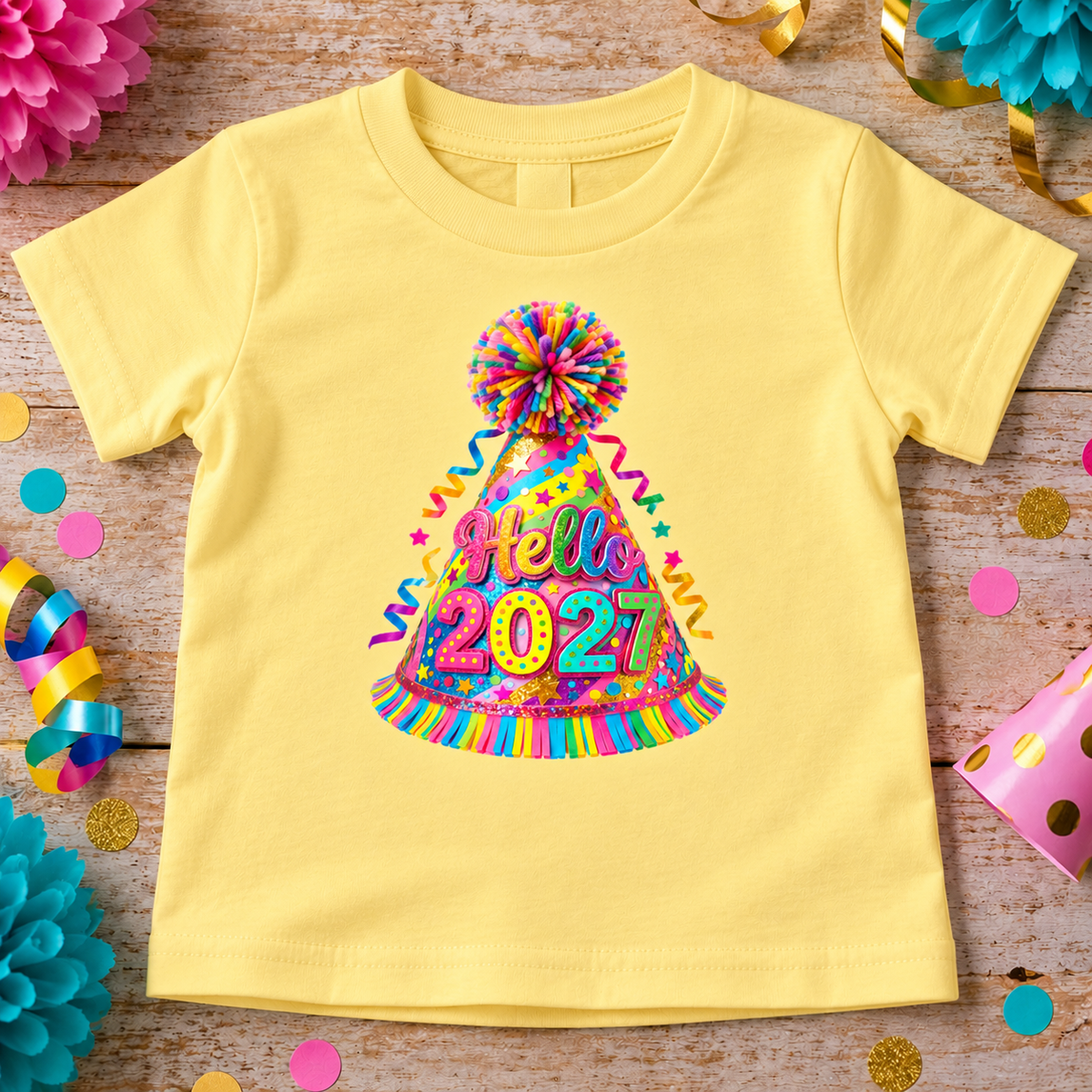A butter yellow short-sleeve baby t-shirt with a colorful 'Hello 2027' party hat graphic, laid flat on a rustic wooden background decorated with party accessories.