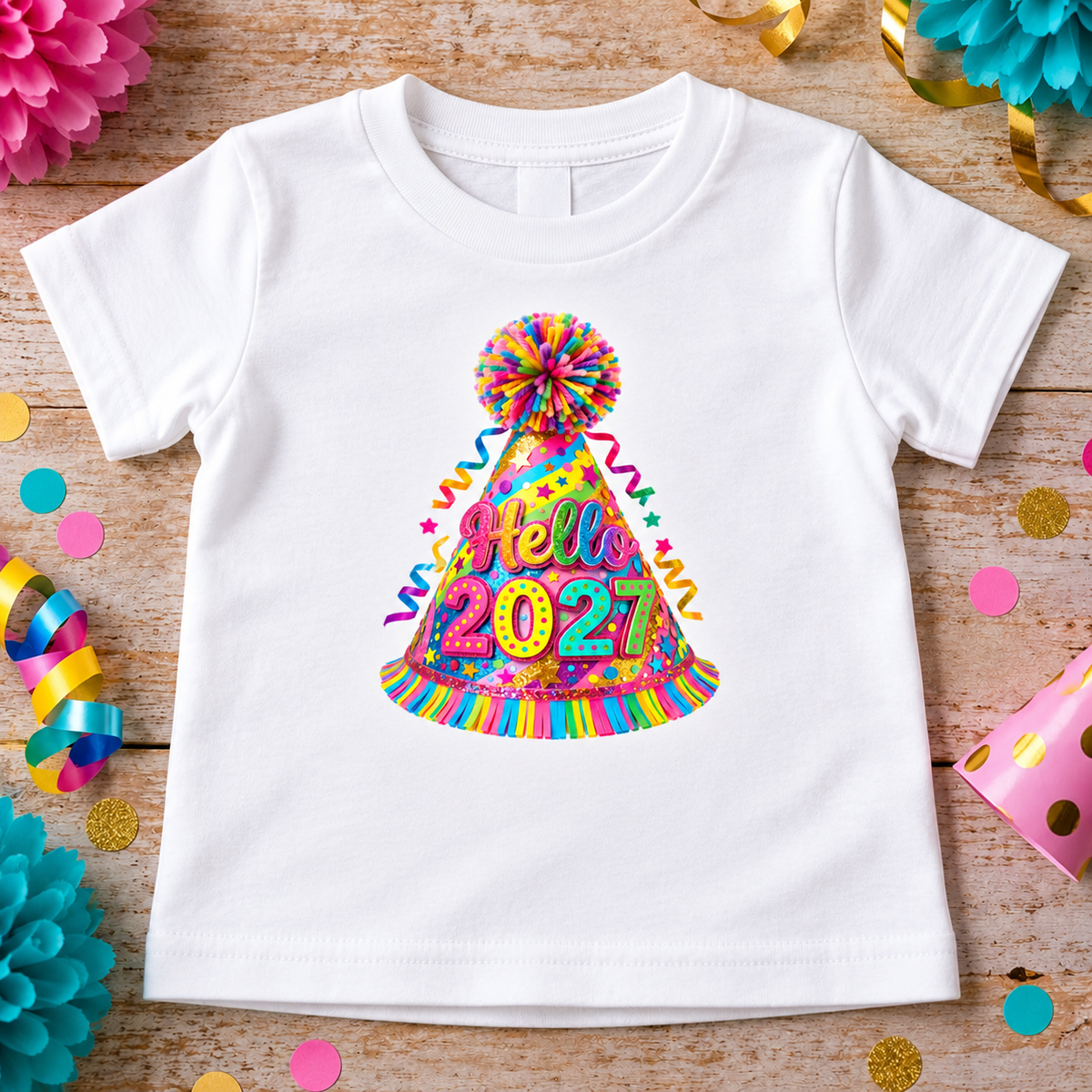 A white short-sleeve baby t-shirt laid flat on a rustic wooden surface, decorated with a colorful 'Hello 2021' party hat graphic. The shirt is styled with festive party decorations like pink paper flowers, gold confetti, and streamers.