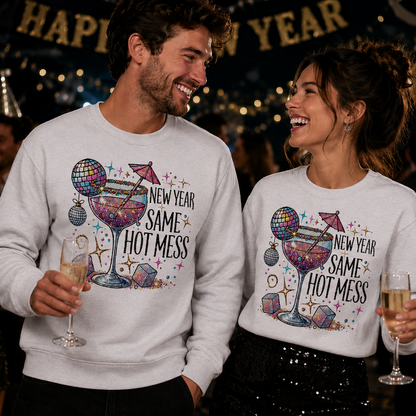 Two people wearing matching white sweatshirts with "New Year Same Hot Mess" Graphic Design