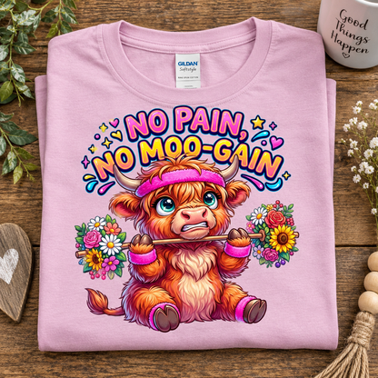 A folded light pink t-shirt with a colorful graphic of a cartoon Highland cow holding flowers and the text 'NO PAIN, NO MOO-GAIN'. The shirt is displayed on a rustic wooden table with decorative props including a heart-shaped wooden slice, dried flowers, and a ceramic mug.