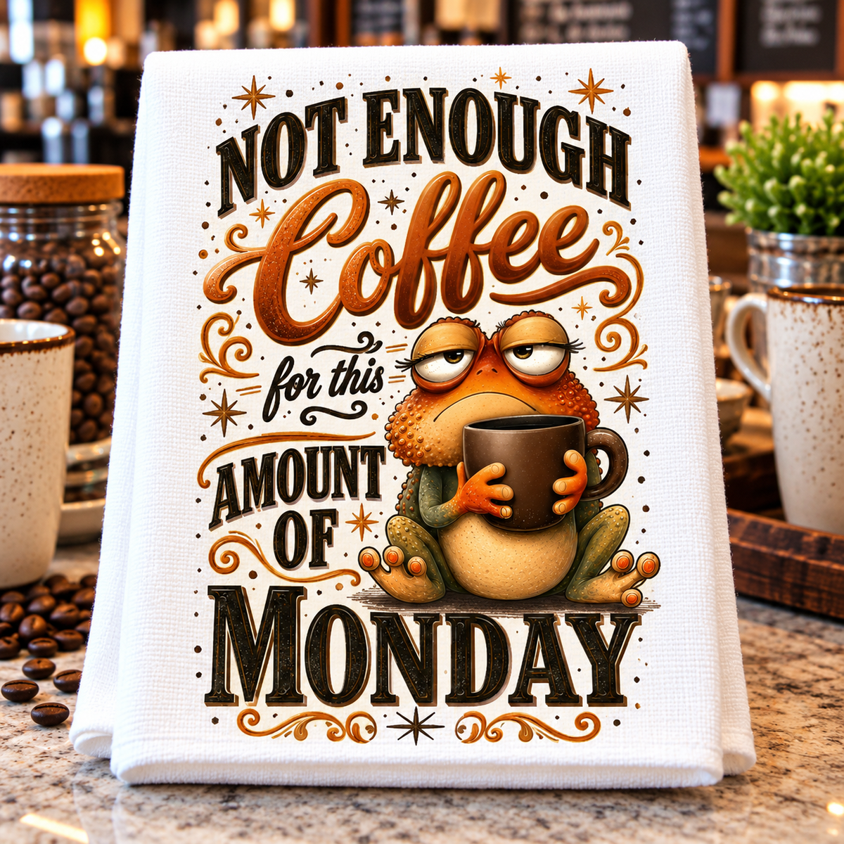 A white kitchen tea towel with a humorous graphic design, featuring the text 'NOT ENOUGH Coffee for this AMOUNT OF MONDAY' and a graphic of a grumpy frog holding a coffee mug. 