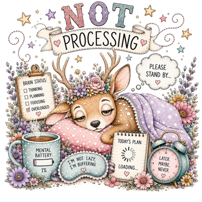 A graphic with the words “NOT PROCESSING” above a sleeping deer surrounded by flowers, a mug reading “MENTAL BATTERY: 1%”, a planner note, and an alarm clock. 