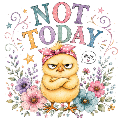 A cute chick with crossed arms and an angry expression, wearing a pink polka-dot headband. The chick is surrounded by colorful flowers and the text 'NOT TODAY' in large pastel letters, with a speech bubble that says 'NOPE.