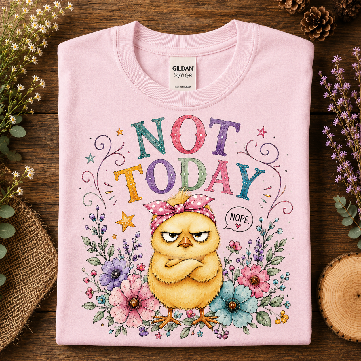 A folded light pink Gildan Softstyle t-shirt with a colorful graphic print of a grumpy yellow chick surrounded by flowers and the text 'NOT TODAY' in multicolored letters, displayed on a rustic wooden background with dried flowers and burlap.
