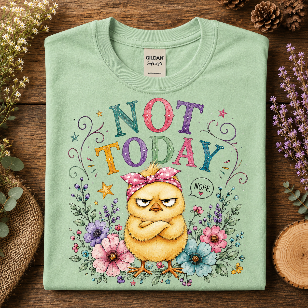 A folded mint green t-shirt with a colorful graphic of an angry yellow chick wearing a pink bow headband, surrounded by flowers and the text 'NOT TODAY' and 'NOPE'. The t-shirt is displayed flat on a rustic wooden surface with decorative dried flowers and pinecones.