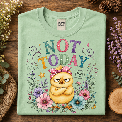 A folded mint green t-shirt with a colorful graphic of an angry yellow chick wearing a pink bow headband, surrounded by flowers and the text 'NOT TODAY' and 'NOPE'. The t-shirt is displayed flat on a rustic wooden surface with decorative dried flowers and pinecones.
