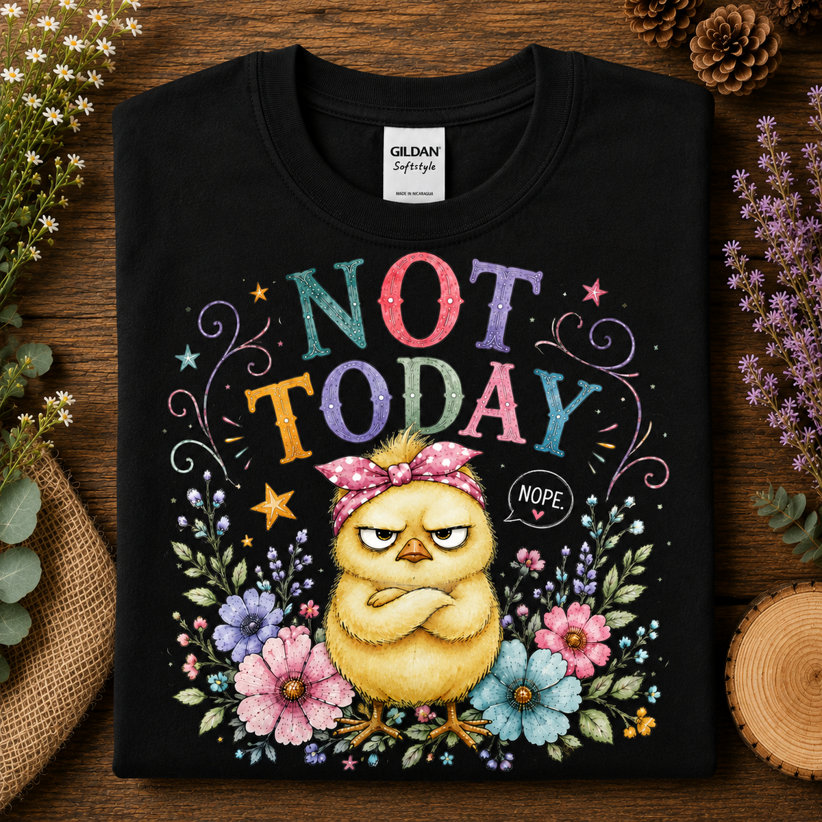 A black Gildan Sof-tstyle t-shirt laid flat on a rustic wooden surface, surrounded by decorative flowers, greenery, and a wood slice. The shirt features a colorful graphic of a grumpy yellow chick wearing a pink bow headband, with the text 'NOT TODAY' and 'NOPE' surrounded by floral illustrations.
