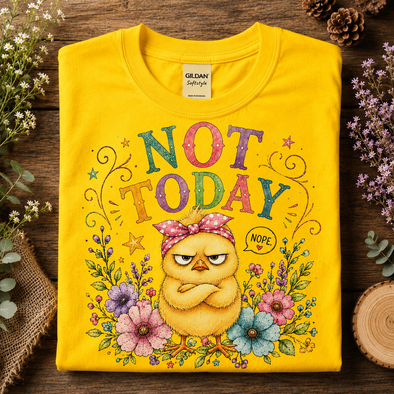 A folded daisy colored Gildan Softstyle t-shirt with a colorful graphic of an angry yellow chick wearing a pink polka-dot bow headband, surrounded by flowers and the text 'NOT TODAY' and 'NOPE', displayed on a rustic wooden background with decorative greenery.