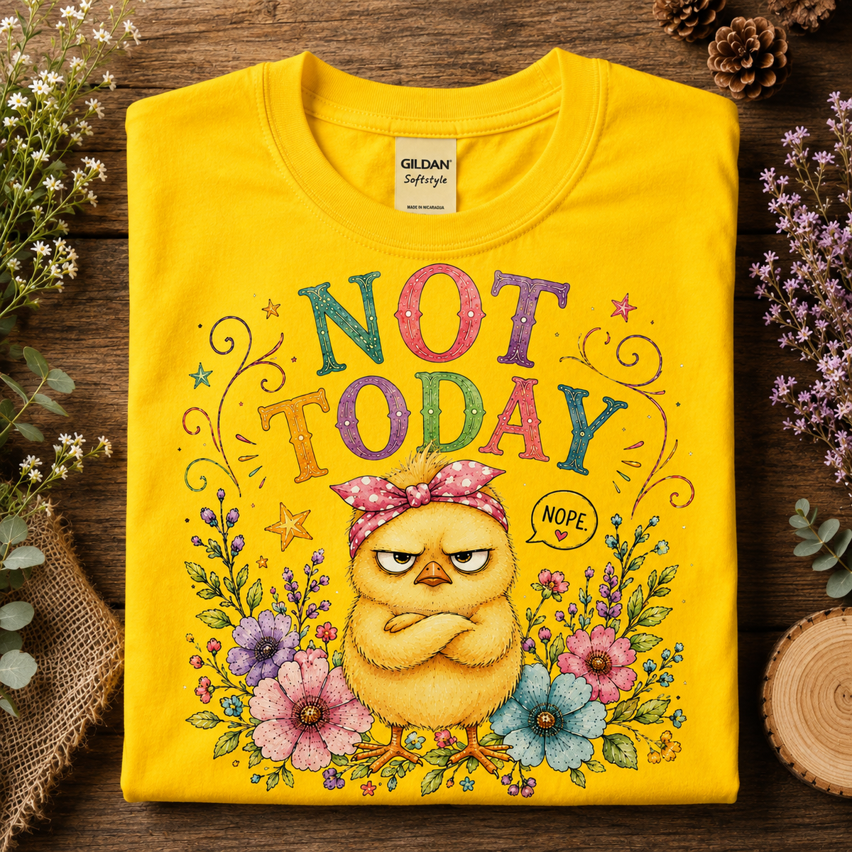 A folded daisy colored Gildan Softstyle t-shirt with a colorful graphic of an angry yellow chick wearing a pink polka-dot bow headband, surrounded by flowers and the text 'NOT TODAY' and 'NOPE', displayed on a rustic wooden background with decorative greenery.
