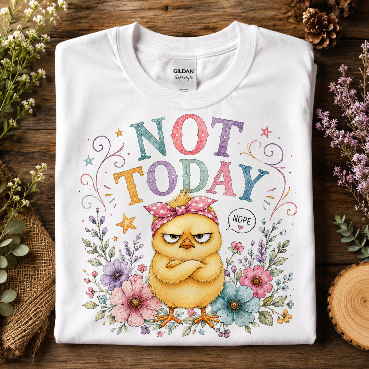 A folded white Gildan Softstyle t-shirt with a colorful graphic of a grumpy yellow chick under the text 'NOT TODAY' surrounded by flowers, displayed on a rustic wooden background with decorative plants.