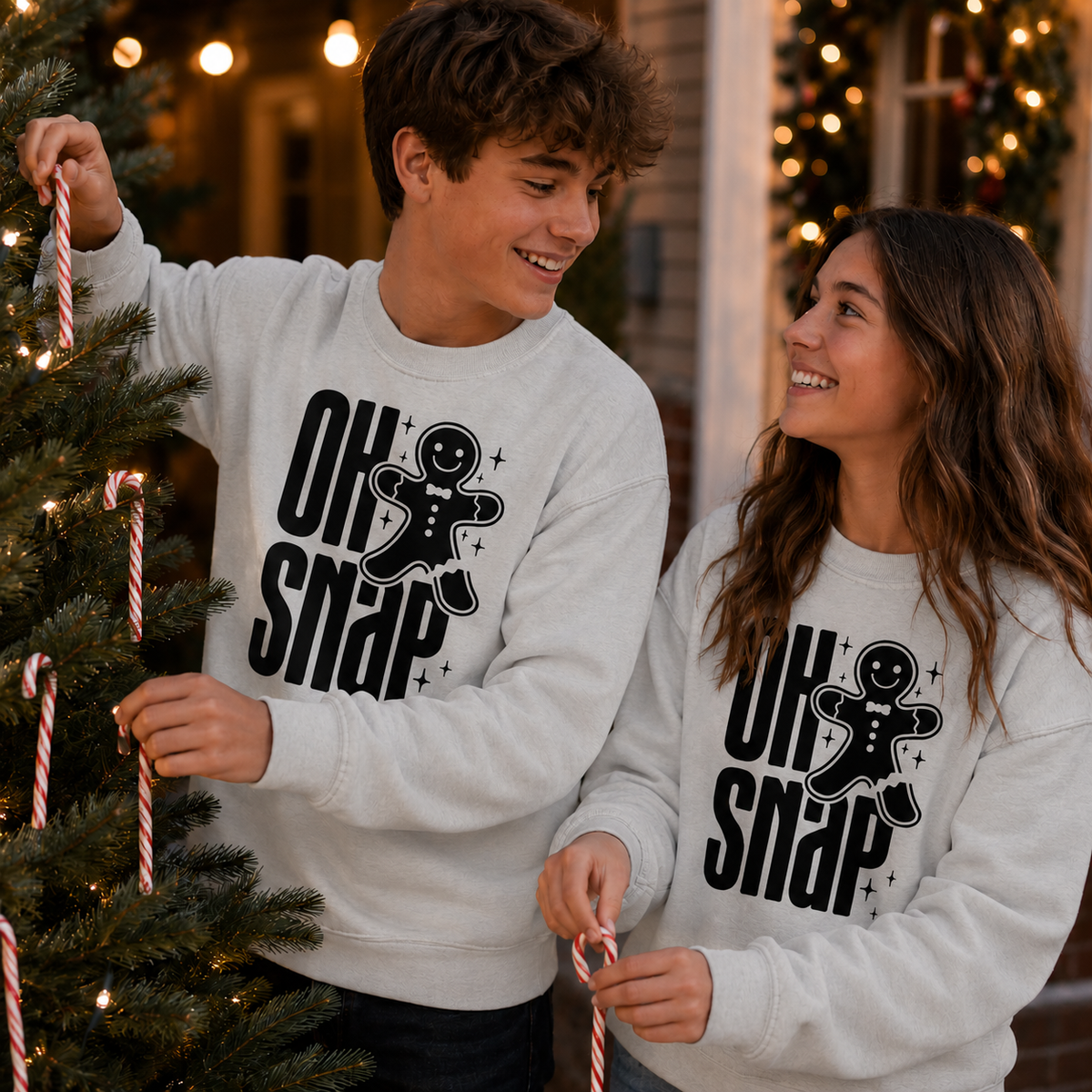 A man and a woman wearing matching light gray crewneck sweatshirts with a black 'OH SNAP' gingerbread man graphic, posing with a Christmas tree and candy canes in a warmly lit holiday home setting.