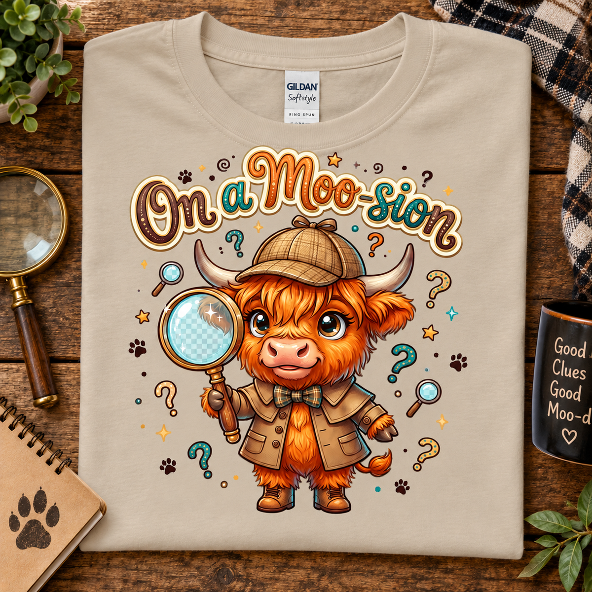 A folded sand t-shirt with a cartoon illustration of a Scottish highland cow dressed as a detective holding a magnifying glass, with the text 'On a Moo-sion'. The shirt is displayed on a rustic wooden table flat-lay with a magnifying glass, notebook, and a mug.