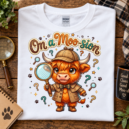 A folded white Gildan Softstyle T-shirt displayed on a rustic wooden surface, featuring a colorful cartoon illustration of a horned cow in a detective outfit with the text 'On a Moo-sion'. The shirt is styled with a magnifying glass, notebook, and a mug on a wooden table.