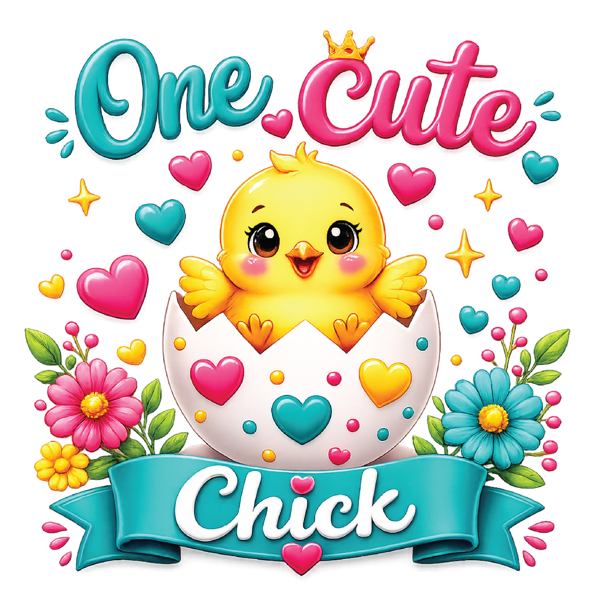 A colorful digital graphic featuring a cute yellow chick hatching from a white egg decorated with pink and teal hearts. The text 'One Cute Chick' is written in playful teal and pink lettering, with floral elements and stars around the chick on a solid white background.
