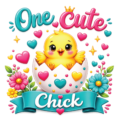 A colorful digital graphic featuring a cute yellow chick hatching from a white egg decorated with pink and teal hearts. The text 'One Cute Chick' is written in playful teal and pink lettering, with floral elements and stars around the chick on a solid white background.