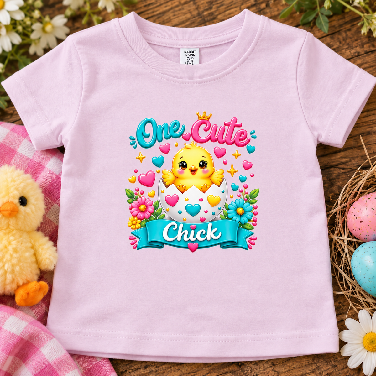 A ballerina pink short-sleeve baby t-shirt with a colorful 'One Cute Chick' graphic featuring a yellow chick, heart-patterned egg, and flowers. The shirt is styled in a flat-lay on a rustic wooden surface with a yellow plush duck, a pink-and-white checkered blanket, and Easter eggs.