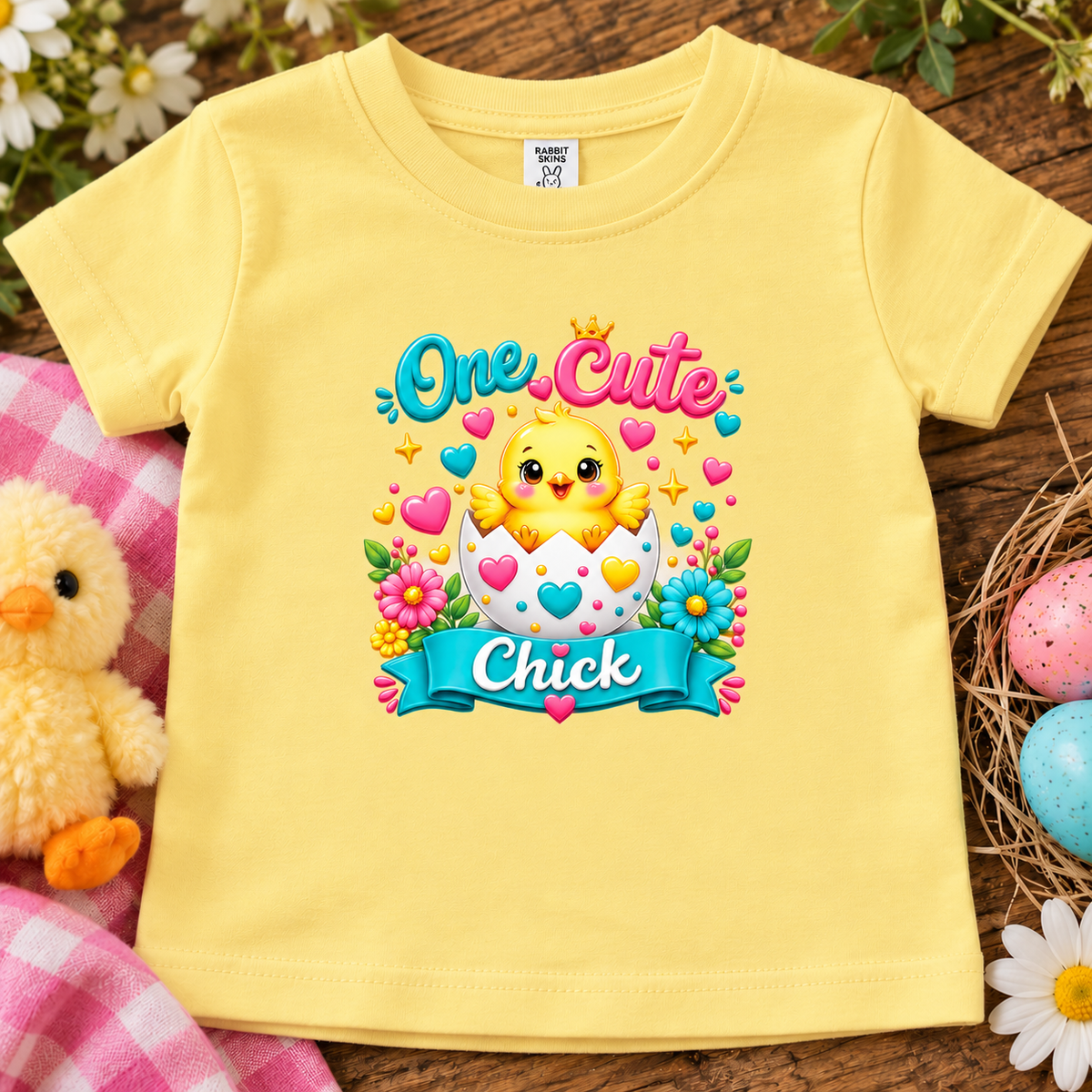 A butter short-sleeve baby t-shirt with a colorful 'One Cute Chick' Easter graphic, styled in a flat-lay on a rustic wooden surface with a plush duck, checkered blanket, and pastel Easter eggs.
