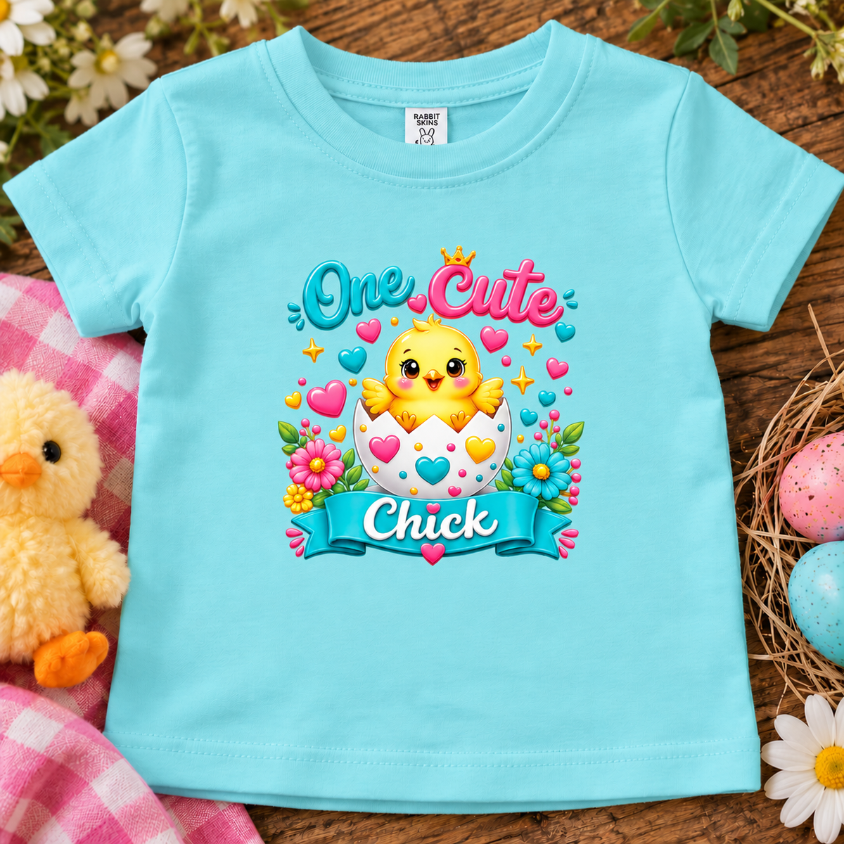 A chill blue short-sleeve baby t-shirt with a colorful 'One Cute Chick' Easter graphic featuring a yellow chick, heart, and flower motifs, displayed on a rustic wooden background with a plush duck and pastel eggs.