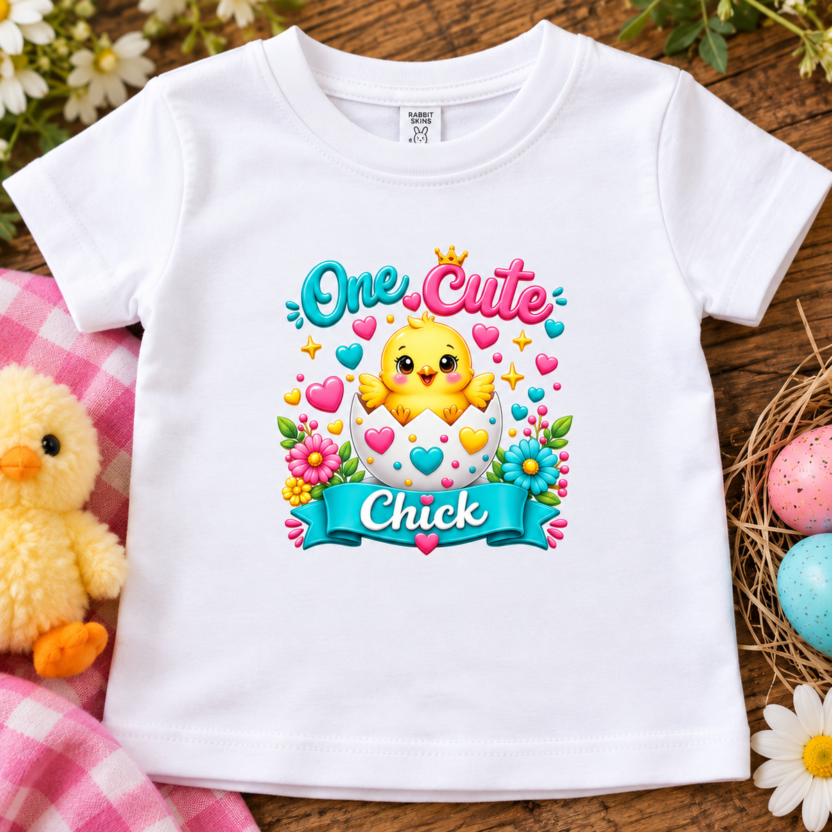 A white short-sleeve baby t-shirt with a colorful Easter graphic featuring a yellow chick hatching from an egg with the text 'One Cute Chick'. The shirt is displayed in a flat-lay setting on a rustic wooden surface with a pink-and-white checkered blanket, a plush yellow chick, and decorative Easter eggs.
