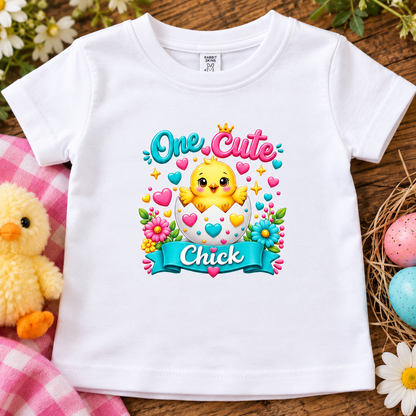 A white short-sleeve baby t-shirt with a colorful Easter graphic featuring a yellow chick hatching from an egg with the text 'One Cute Chick'. The shirt is displayed in a flat-lay setting on a rustic wooden surface with a pink-and-white checkered blanket, a plush yellow chick, and decorative Easter eggs.