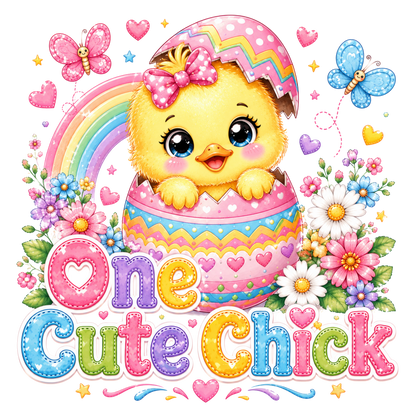 A colorful Easter-themed graphic featuring a cute yellow chick hatching from a pastel patterned egg, surrounded by flowers, butterflies, stars, hearts, and the text 'One Cute Chick' on a white background.