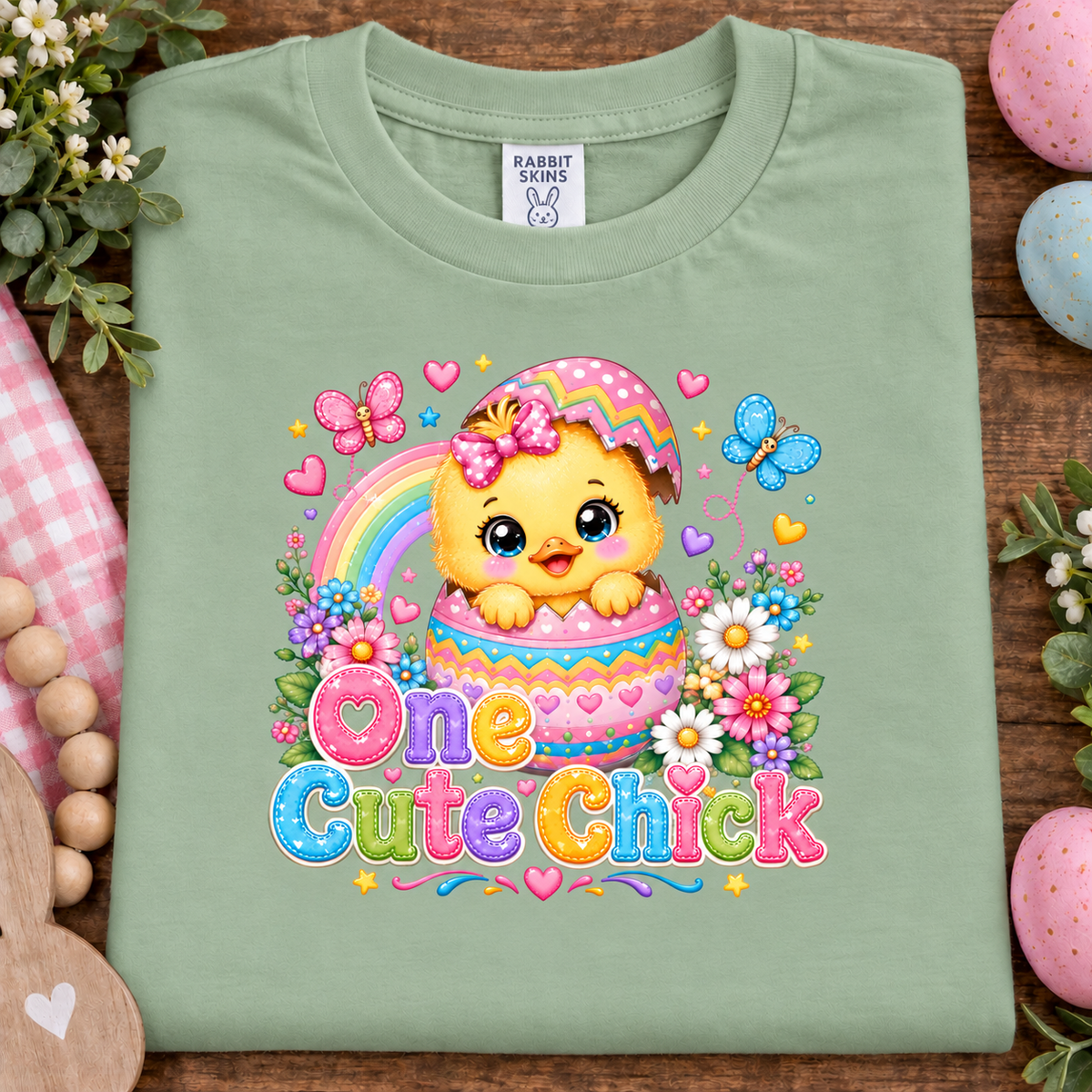 A sage green t-shirt laid flat on a rustic wooden surface, decorated with Easter-themed props like pink checkered fabric, wooden beads, and pastel eggs. The shirt features a colorful graphic of a cute yellow chick in a pink polka-dot Easter egg, surrounded by a rainbow, butterflies, flowers, and the text 'One Cute Chick'.