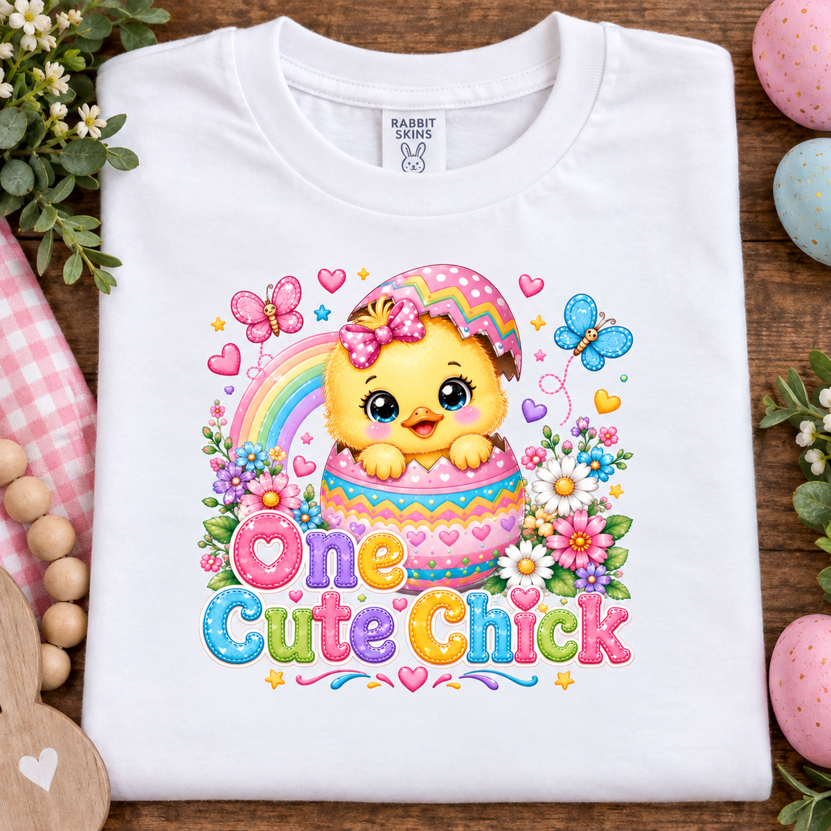 A white short-sleeve t-shirt with a colorful Easter graphic of a cute yellow chick in a pink patterned hat, surrounded by a rainbow, flowers, butterflies, and the text 'One Cute Chick'. The shirt is displayed on a wooden surface with decorative Easter-themed props.