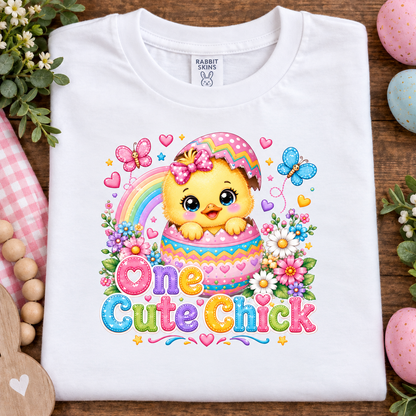 A white short-sleeve t-shirt with a colorful Easter graphic of a cute yellow chick in a pink patterned hat, surrounded by a rainbow, flowers, butterflies, and the text 'One Cute Chick'. The shirt is displayed on a wooden surface with decorative Easter-themed props.