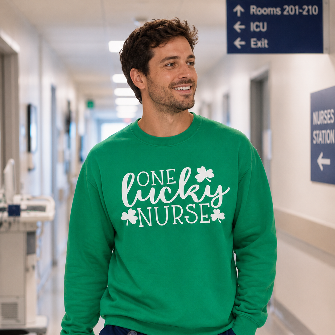 Man with a green colored sweatshirt that says One Lucky Nurse with shamrocks on it