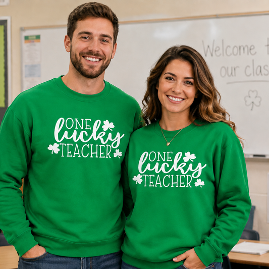 Two people wearing green 'One Lucky Teacher' sweatshirts in a classroom setting.