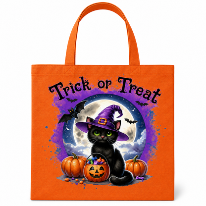 An orange canvas tote bag with a Halloween graphic featuring a black cat in a purple witch hat, pumpkins, bats, and the text 'Trick or Treat' on a white background.