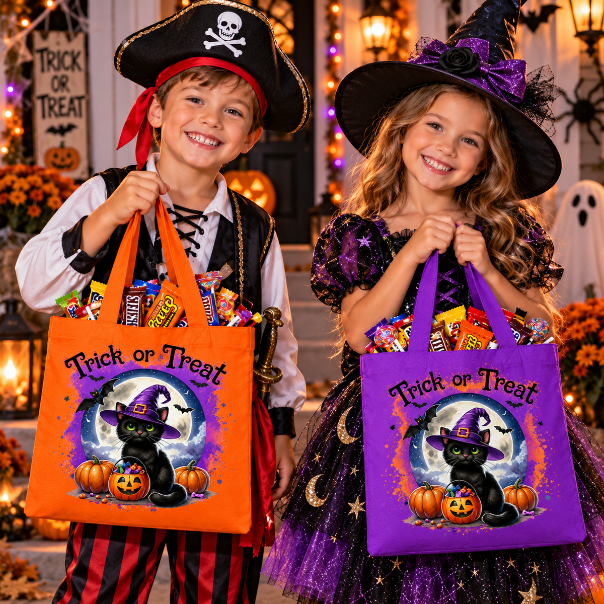 Two children in Halloween costumes holding orange and purple 'Trick or Treat' bags filled with candy, posed in a decorated Halloween-themed room.