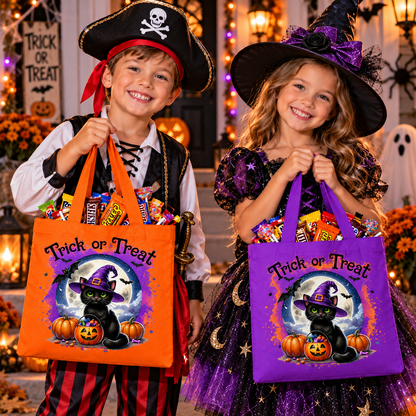 Two children in Halloween costumes holding orange and purple 'Trick or Treat' bags filled with candy, posed in a decorated Halloween-themed room.