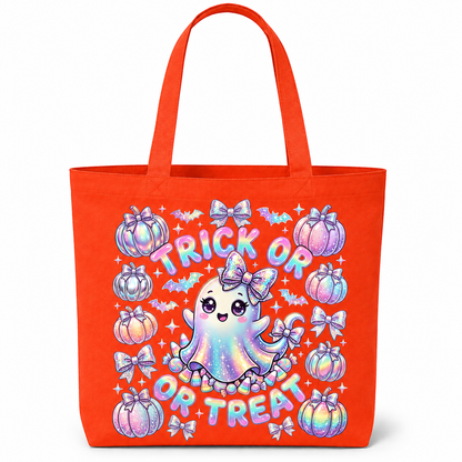 A bright orange canvas tote bag featuring a colorful Halloween graphic with a cute ghost, pumpkins, bats, and the words 'Trick or Treat' in pastel rainbow lettering, shown on a plain white background.