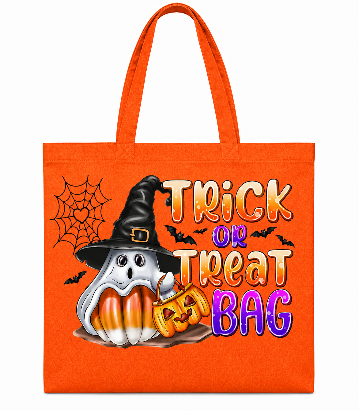 An orange canvas tote bag with a Halloween graphic featuring a ghost in a witch hat, a jack-o'-lantern, bats, and the text 'Trick or Treat Bag'.