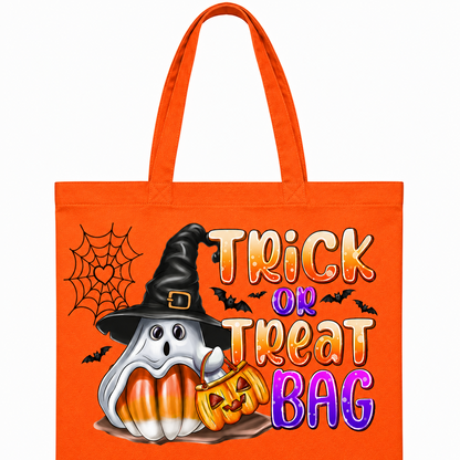 An orange canvas tote bag with a Halloween graphic featuring a ghost in a witch hat, a jack-o'-lantern, bats, and the text 'Trick or Treat Bag'.