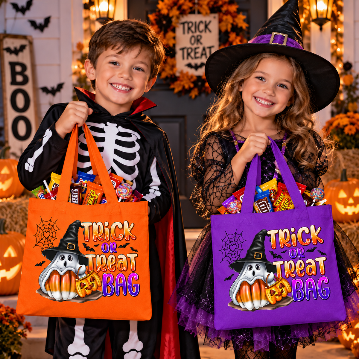 Two children in Halloween costumes holding orange and purple 'Trick or Treat Bag' tote bags filled with candy, posed in a decorated front yard with pumpkins and autumn decorations.