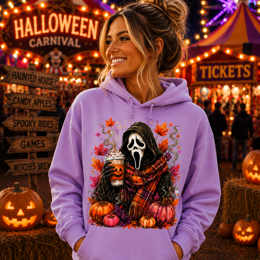 A woman wearing a lavender purple hoodie with a detailed graphic of Ghostface  surrounded by pumpkins and autumn leaves, set against a festive Halloween carnival background.