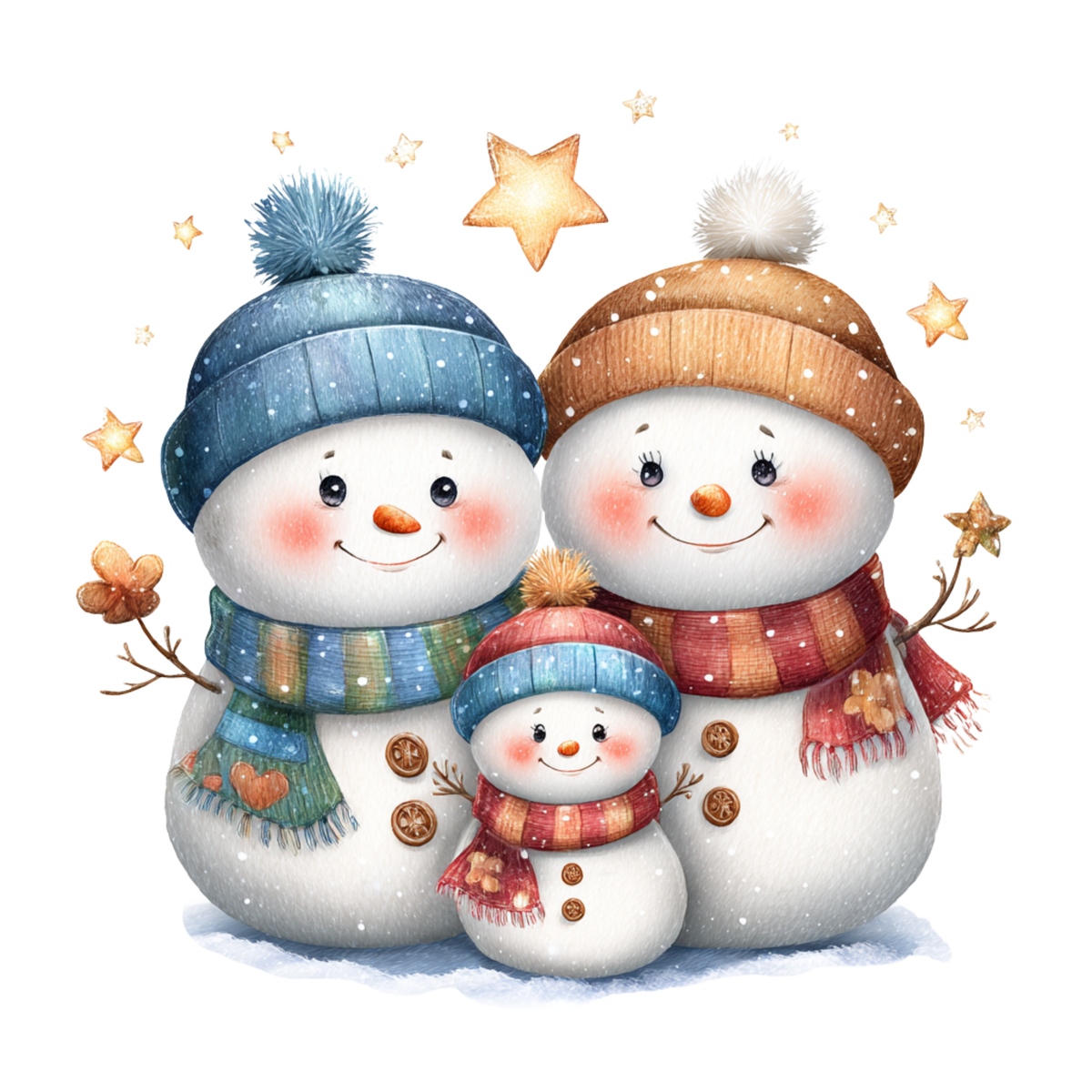 A festive illustration of three snowman children wearing colorful winter hats and scarves, surrounded by glowing gold stars on a white background.