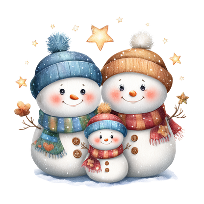 A festive illustration of three snowman children wearing colorful winter hats and scarves, surrounded by glowing gold stars on a white background.