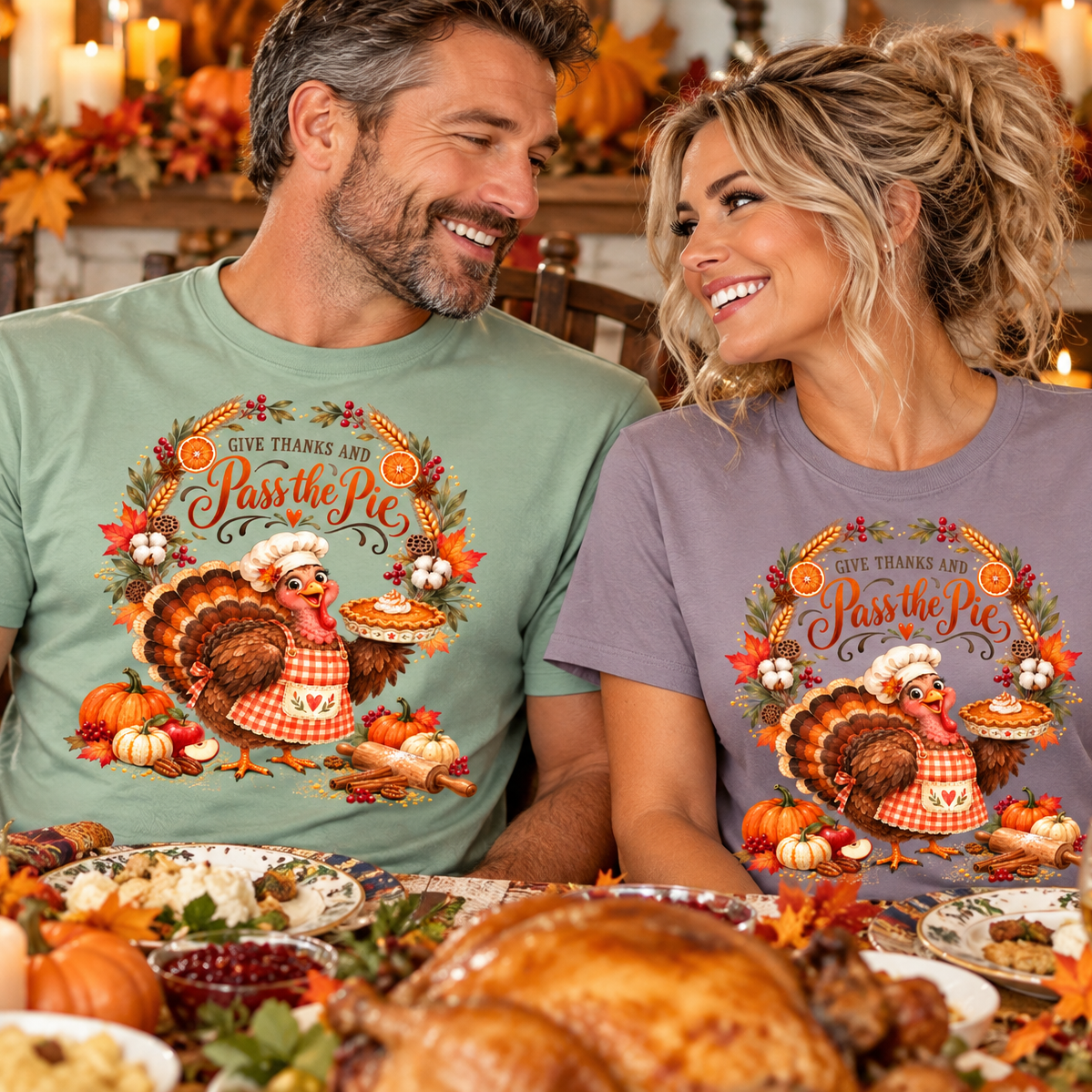 a couple wearing tshirts featuring a colorful Thanksgiving graphic of a cartoon turkey holding a pie next to a pie crust, with the text 'GIVE THANKS AND Pass the Pie'. 