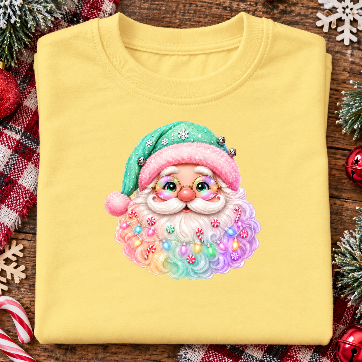 A folded butter yellow t-shirt with a colorful graphic of a smiling Santa Claus face on the chest, styled on a rustic wooden background with holiday decorations.