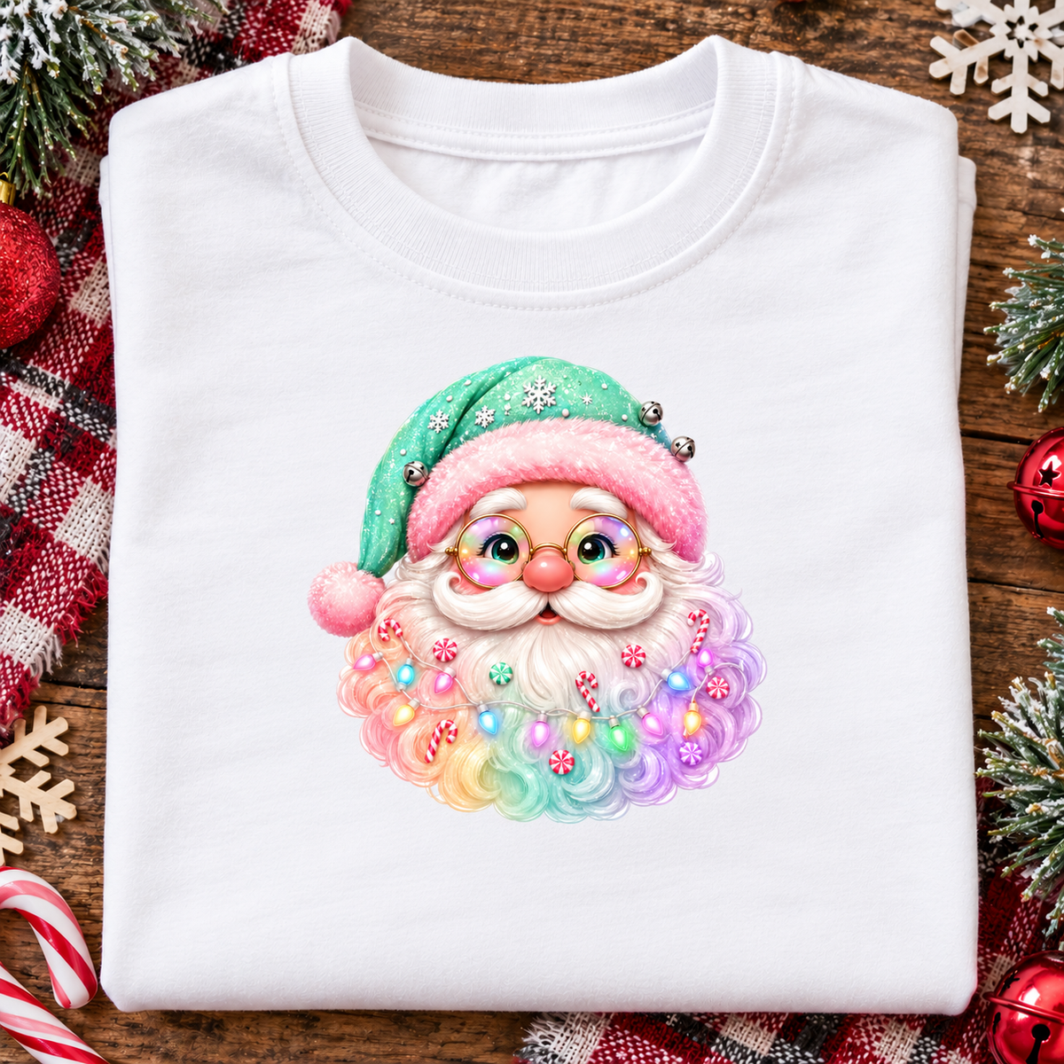 A folded white crewneck t-shirt with a colorful graphic of a cute Santa Claus face on the front, surrounded by holiday decorations on a wooden surface.