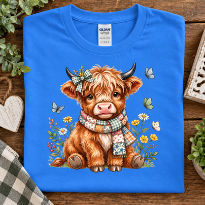 A folded heather royal blue Gildan Softstyle t-shirt with a detailed graphic of a cute brown highland cow wearing a plaid bow and checkered scarf, surrounded by flowers and butterflies, displayed on a rustic wooden background with decorative props.