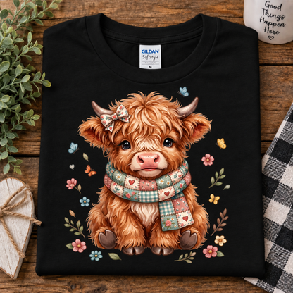 A folded black Gildan Softstyle T-shirt with a cute cartoon Highland cow illustration, shown on a rustic wooden surface with decorative props including greenery, a small wooden box, and a black-and-white check cloth.