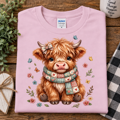 A folded light pink Gildan Softstyle T-shirt with a cute cartoon Highland cow graphic, displayed on a rustic wooden surface with decorative props.