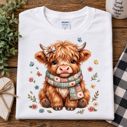 A folded white Gildan Softstyle T-shirt with a cute cartoon Highland cow illustration, shown on a rustic wooden surface with decorative plants, a mug, and a checkered cloth.