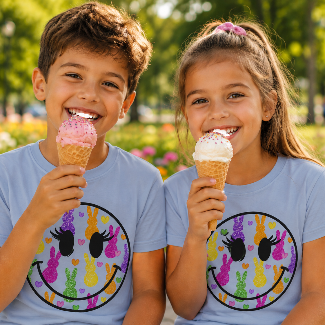 Two children enjoying ice cream cones in a park with a smiley face graphic design on their light blue shirts.