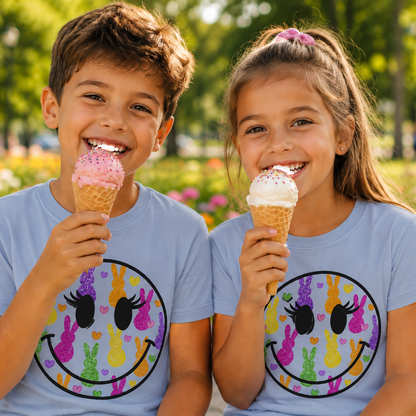 Two children enjoying ice cream cones in a park with a smiley face graphic design on their light blue shirts.
