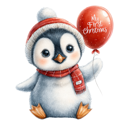 A cute illustrated penguin wearing a red and white Santa hat and matching scarf, holding a red balloon that says “My First Christmas,” on a plain white background.